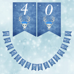 Birthday Fantasy White Deer Head Rose Misty Blue Wimpelkette