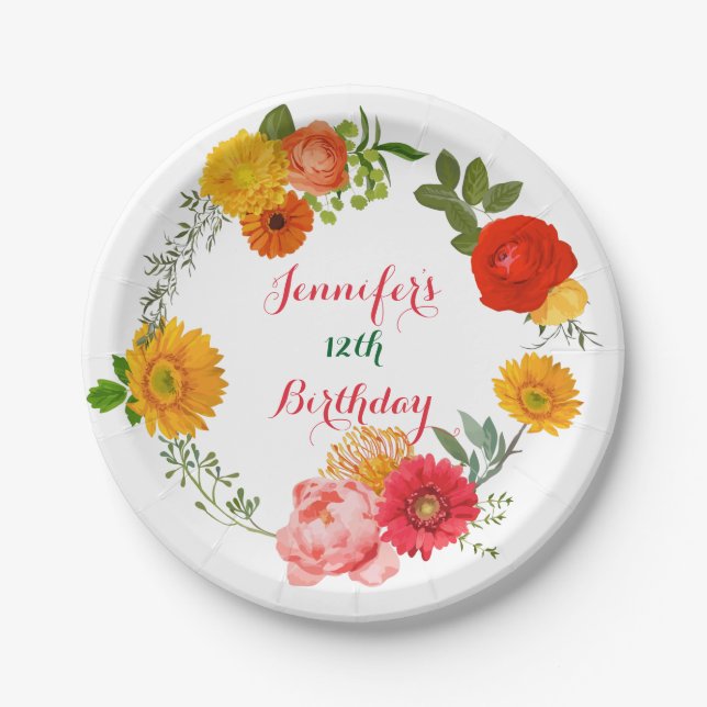 Birthday farbenfrohe Blumenrege Pappteller (Vorderseite)
