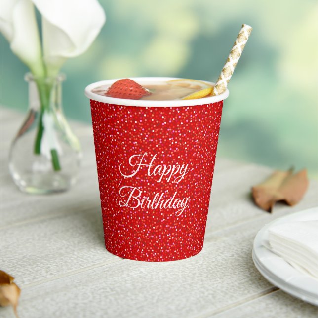 Birthday Festive Confetti auf Rotem Glitzer Pappbecher (In Situ)