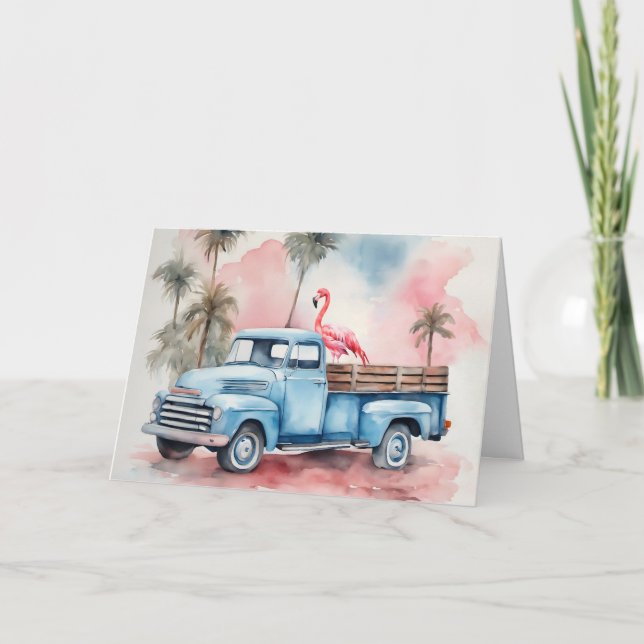 Birthday Flamingo in Retro Truck Karte (Vorderseite)