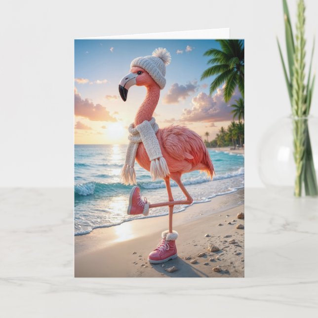 Birthday Flamingo Wearing Winter Boots and Scarf Karte (Vorderseite)