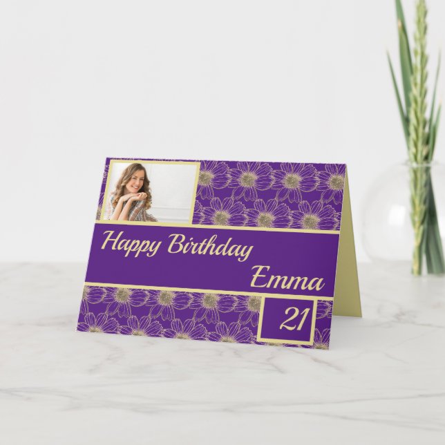 Birthday Floral Gold lila Karte (Vorderseite)