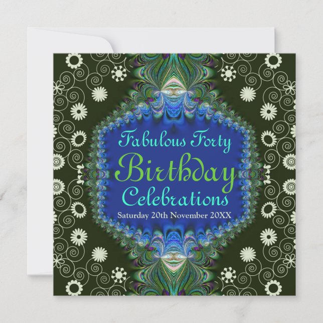 Birthday Floral Spiral Peacock Einladung (Vorderseite)