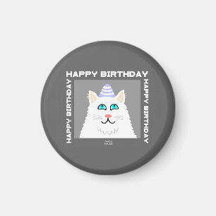 Birthday Fluffy White Cat Round Magnet