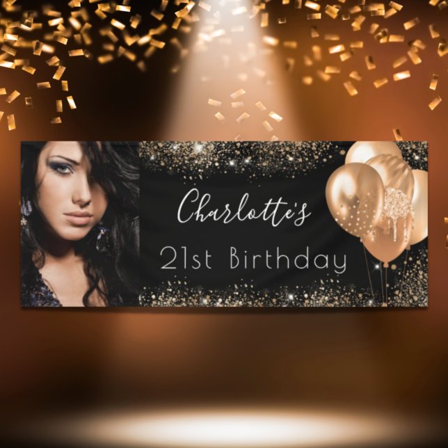 Birthday Foto Black Gold Glitzer Staub Name-Skript Banner (Von Creator hochgeladen)