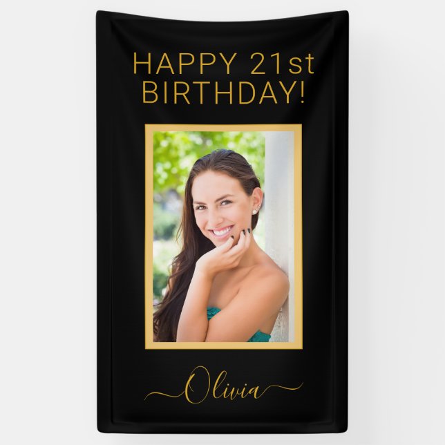 Birthday Foto Black Gold Script Girly Banner (Vertikal)