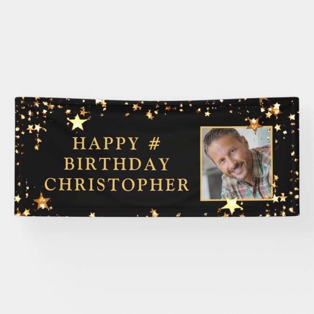 Birthday Foto Black Gold Stars Personalisiert Banner (Horizontal)