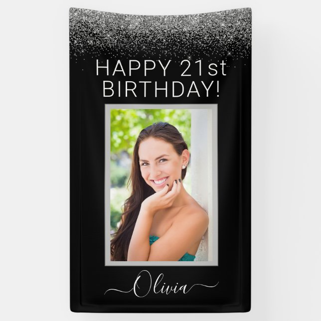 Birthday Foto Black Silver Glitzer Girly Banner (Vertikal)