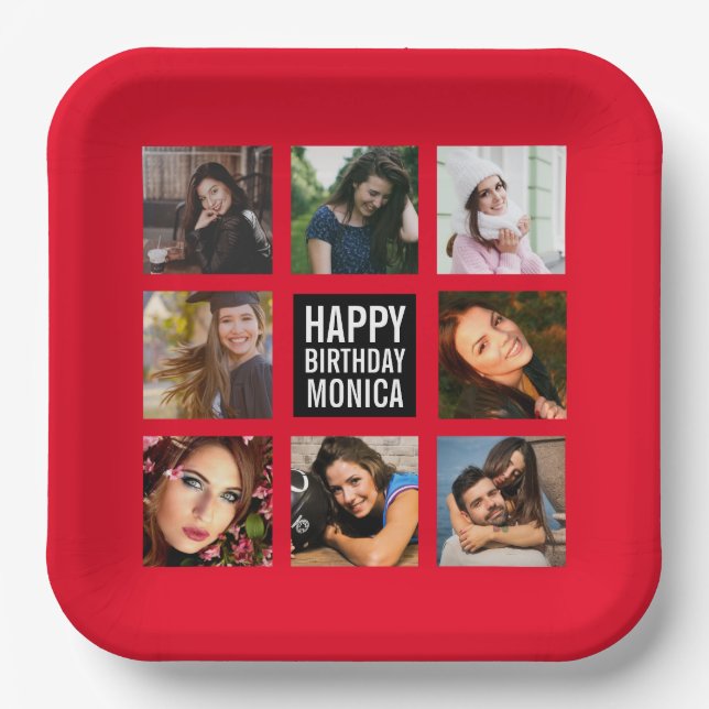 Birthday Foto Collage Red Paper Plate Pappteller (Vorderseite)