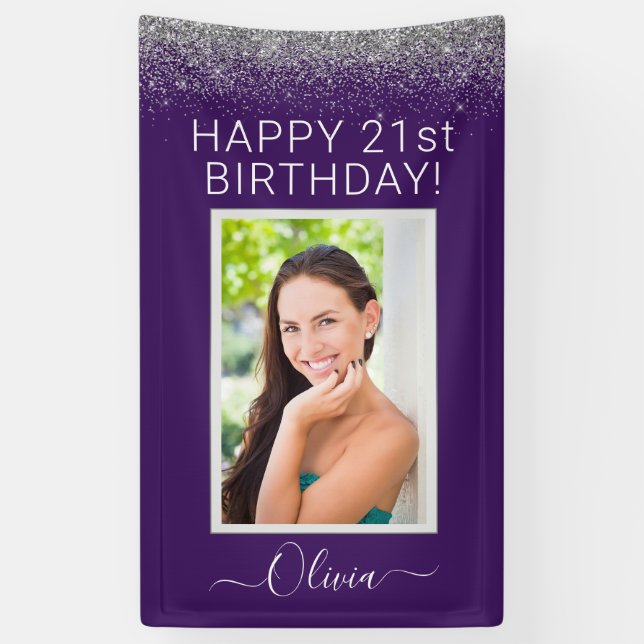 Birthday Foto Lila Silver Glitzer Girl Banner (Vertikal)