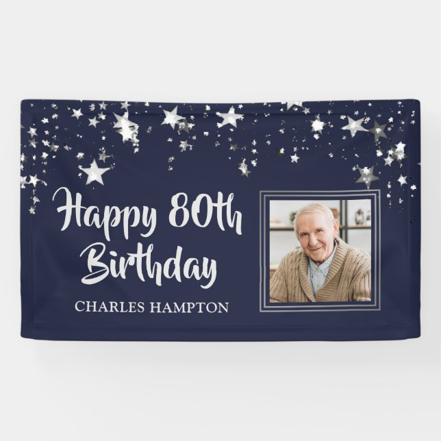 Birthday Foto Navy Blue Silver Stars Name Banner (Horizontal)