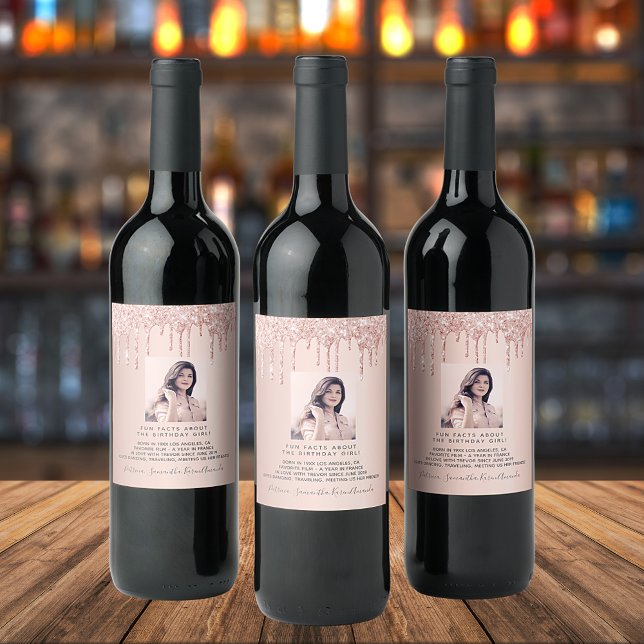 Birthday Foto Rose Gold Glitzer Spaß Fakten bio Weinetikett (Von Creator hochgeladen)