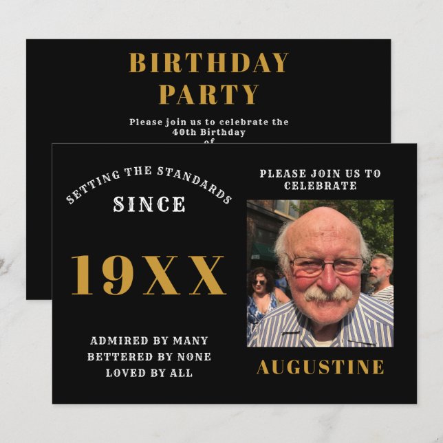 Birthday Foto Template Elegante Chic Black Gold Einladung (Vorne/Hinten)