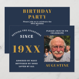 Birthday Foto Template Elegante Chic Blue Gold Einladung