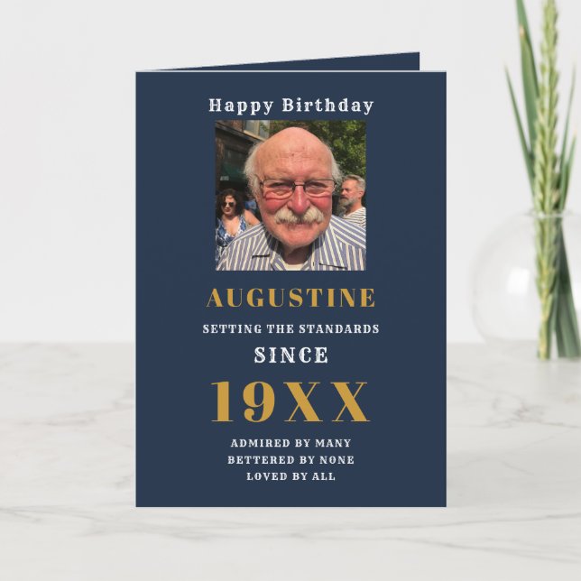 Birthday Foto Template Elegante Chic Blue Gold Karte (Vorderseite)