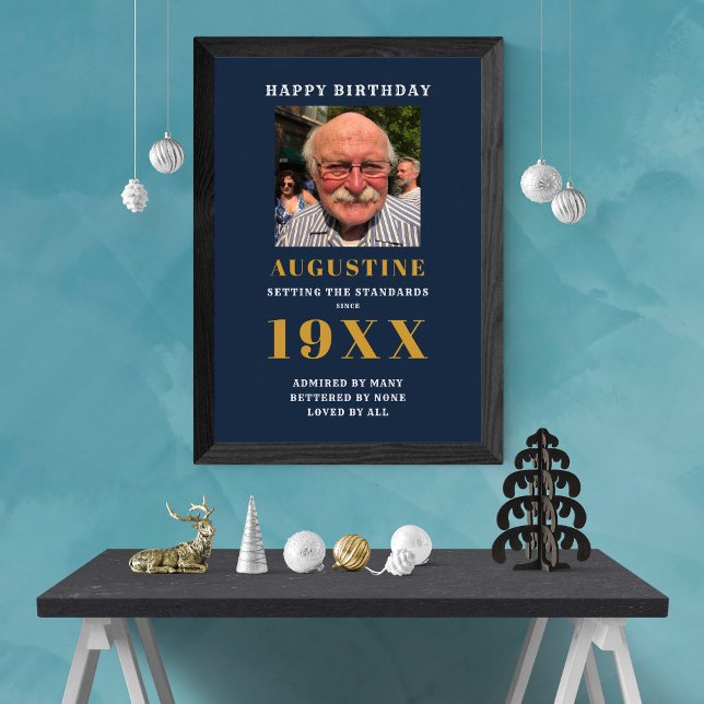 Birthday Foto Template Elegante Chic Blue Gold Poster (Von Creator hochgeladen)