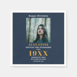 Birthday Foto Template Elegante Chic Gold Blue Serviette
