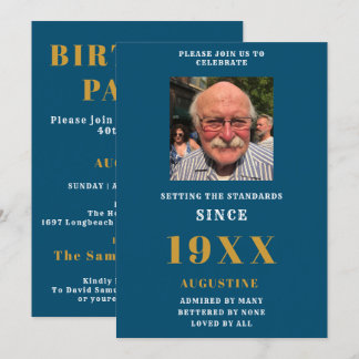 Birthday Foto Template Name Elegant Blue Gold Einladung