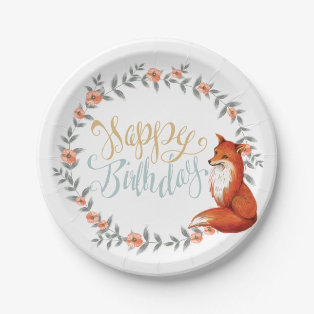 Birthday Fox Wreath Pappteller (Vorderseite)