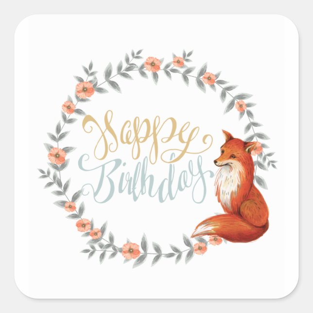 Birthday Fox Wreath Quadratischer Aufkleber (Vorderseite)