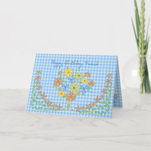 BIRTHDAY - FRIEND - BLUE GINGHAM/FLOWERS KARTE