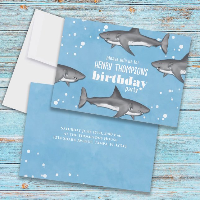 Birthday Fun Whimsical Ocean Swimming Haie Einladung (Von Creator hochgeladen)