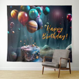 Birthday Galaxy Outer Space Cake Banner Wandteppich