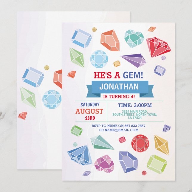 Birthday Gem Party Crystals Blue Red Geode Einladung (Vorne/Hinten)