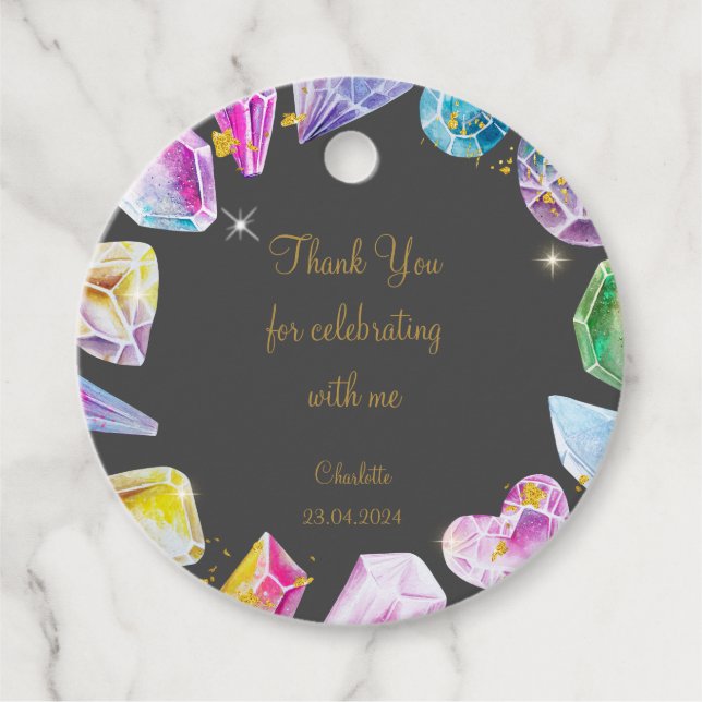 Birthday Gem Party Crystals Girl's Aquarell Geschenkanhänger (Vorderseite)