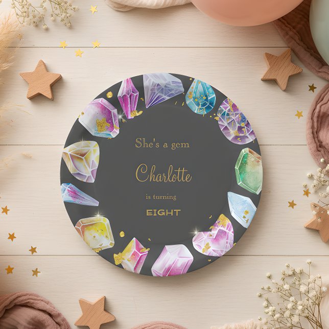 Birthday Gem Party Crystals Girl's Aquarell Pappteller (Von Creator hochgeladen)