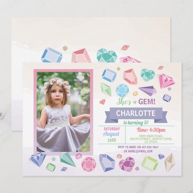 Birthday Gem Party Crystals Girl's Pastel Foto Einladung (Vorne/Hinten)