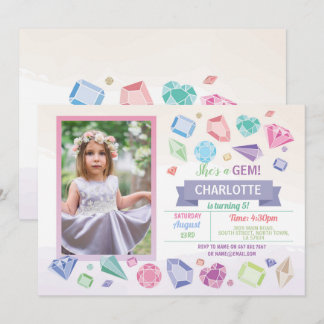 Birthday Gem Party Crystals Girl's Pastel Foto Einladung