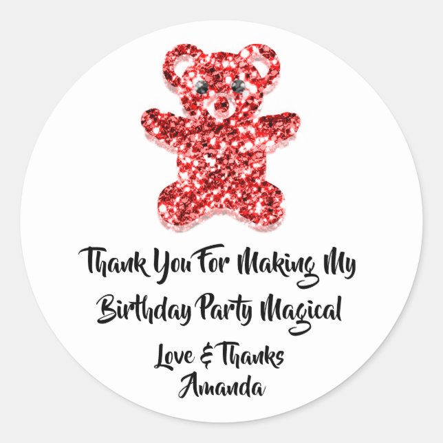 Birthday Gevor Glitzer Red Sweet Bear White Runder Aufkleber (Vorderseite)