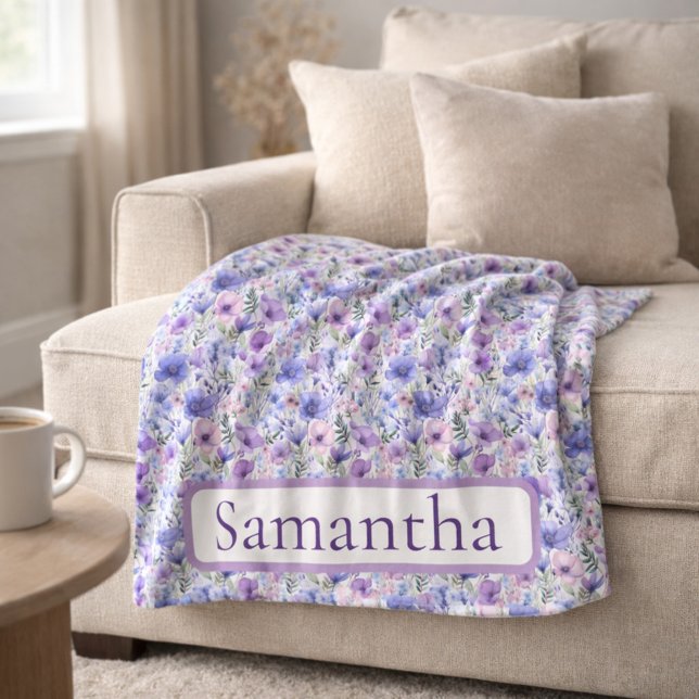 Birthday Gift Purple Floral Personalized Name Fleecedecke (Von Creator hochgeladen)