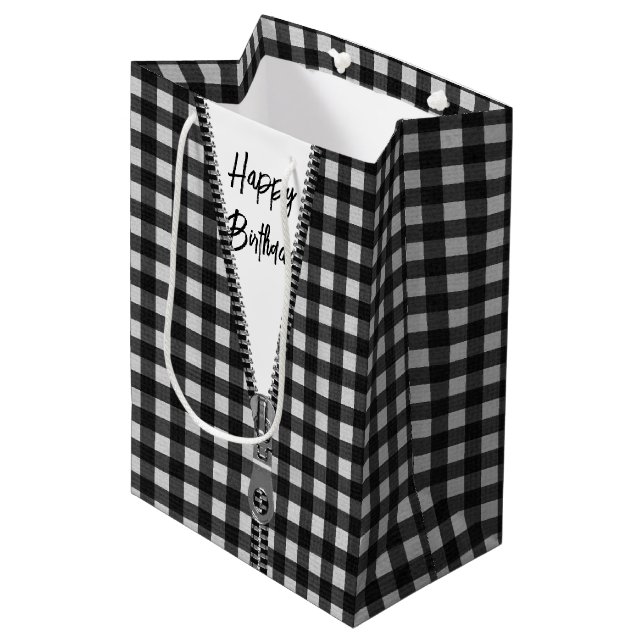 Birthday Gingham mit Zipper Mittlere Geschenktüte (Vorderseite Schrägansicht)