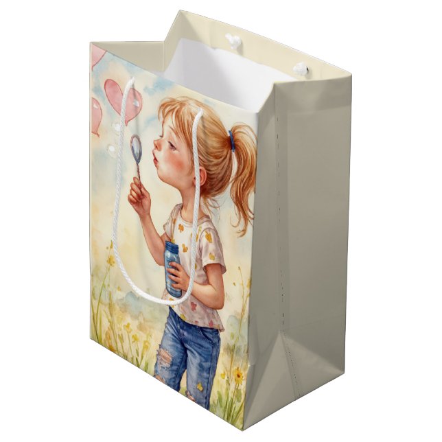 Birthday Girl blasst Herzblasen Mittlere Geschenktüte (Vorderseite Schrägansicht)