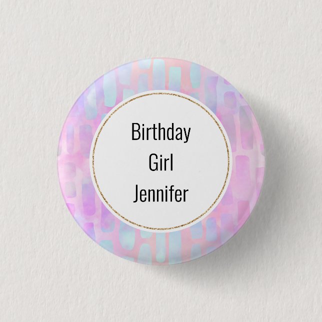 Birthday Girl Blue Rectangle Shapes auf Pink Button (Vorderseite)