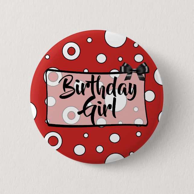 Birthday Girl Button Black, White and Red Bow (Vorderseite)