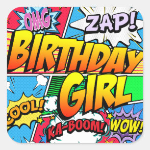 Birthday Girl Comic Book Quadratischer Aufkleber