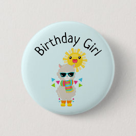 Birthday Girl Cool Llama und lächelnd Kawaii Sun Button