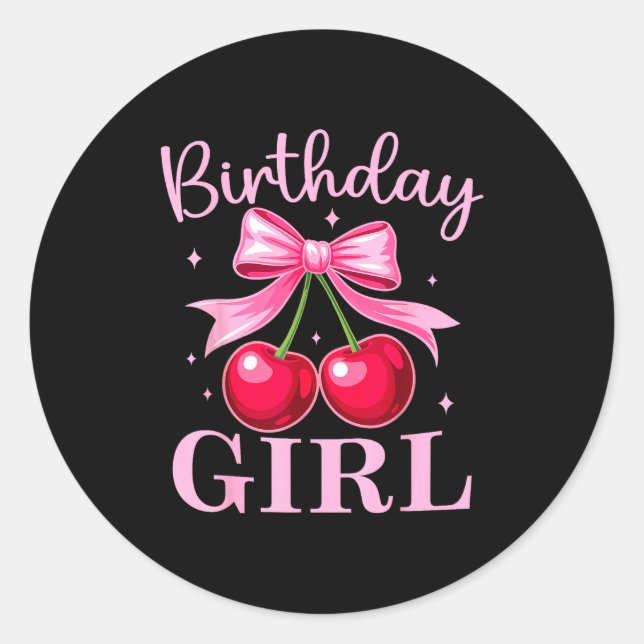 Birthday Girl Coquette Bow Cherry Birthday Girls W Runder Aufkleber (Vorderseite)