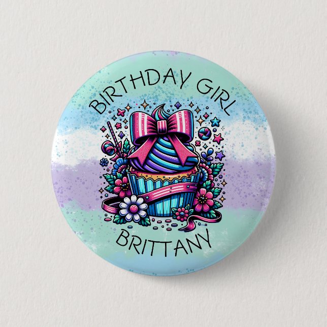 Birthday Girl Cupcake Whimsical Personalisiert Button (Vorderseite)