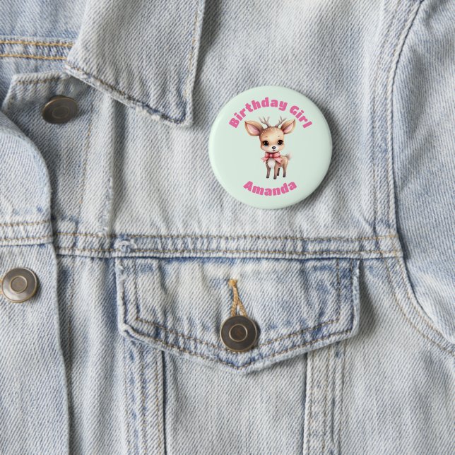 Birthday Girl Cute Baby Deer Cartoon Illustration Button (Beispiel)
