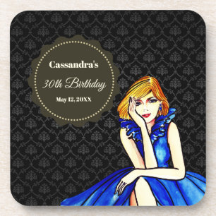 Birthday Girl Dark Royal Blue Cocktail Damask Getränkeuntersetzer