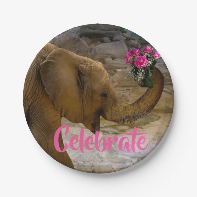 Birthday Girl Elephant Pink Floral Paper Plates Pappteller (Vorderseite)