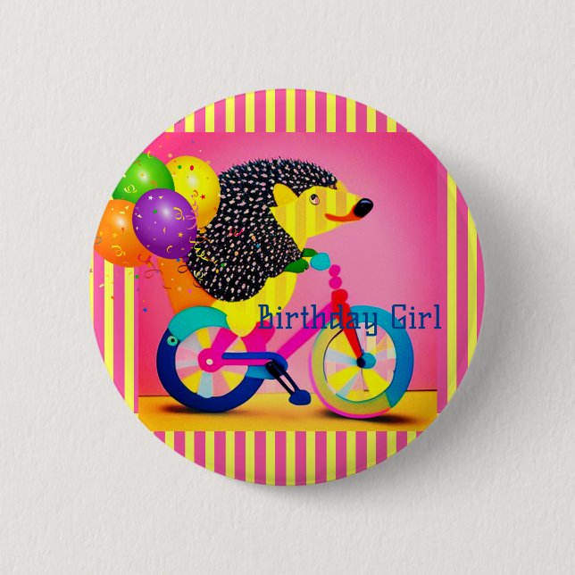 Birthday Girl Igel Reiten Bicycle Balloons Button (Vorderseite)