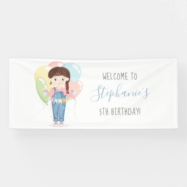 Birthday Girl in Overalls Brünett Banner (Horizontal)