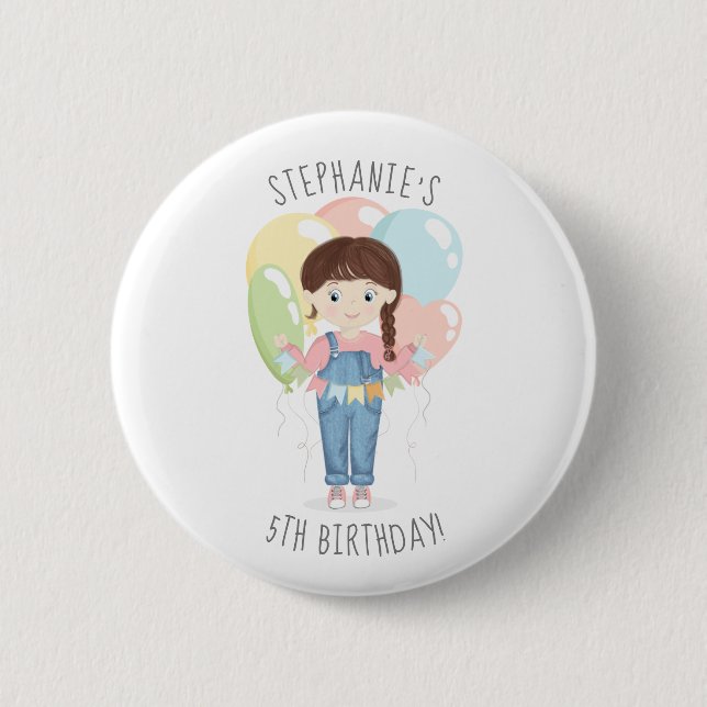 Birthday Girl in Overalls Brünett Button (Vorderseite)