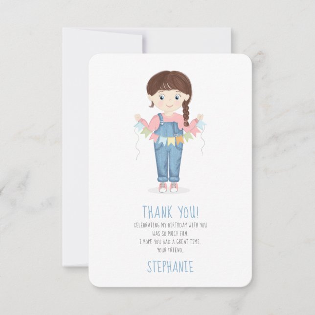 Birthday Girl in Overalls Brunette Einladung (Vorderseite)