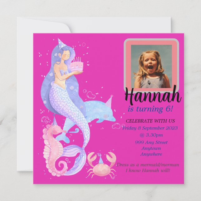 Birthday Girl Mermaid Thema Einladung (Vorderseite)
